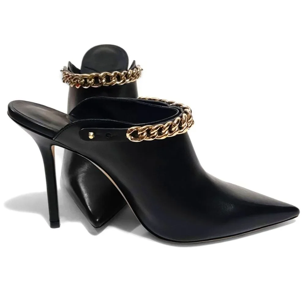 Jimmy Choo Lexx 100 Black Leather Gold Color Chain EU 37 US 7 Mules - Picture 9 of 12